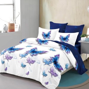 Lenjerie Pat Dublu,  FINET, 6 piese, Alb, Albastru, Fluturi