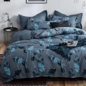 Lenjerie pat dublu, bumbac satinat, cu doua feţe, 4 piese,  Gri Albăstrui, frunze