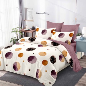 Lenjerie pat dublu,  FINET, cu elastic, 6 piese, Crem, Violet, Planete