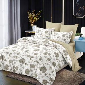 Lenjerie pat dublu,  FINET, cu elastic, 6 piese, Crem, Bej, Flori