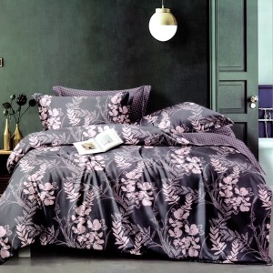 Lenjerie pat dublu, bumbac satinat, cu doua feţe, 4 piese, Bleumarin, Roz, Flori, Frunze