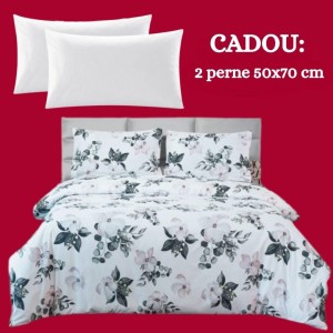 Lenjerie de Pat 4 Piese din Bumbac Satinat cu Cearșaf cu Elastic + 2 Perne Cadou 50x70 cm, cod INS-LSG500