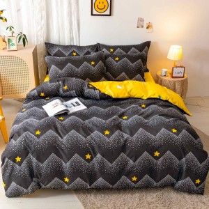 Lenjerie pat dublu cu doua feţe, bumbac satinat, 4 piese,  Negru, Galben, stelute