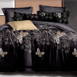 Lenjerie pat dublu, bumbac satinat, cu doua feţe, 4 piese,  Bleumarin, Fluturi