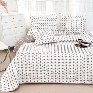 Cuvertură Pat Dublu, Bumbac cu In, Model Brodat Direct în Tesătură, 230x250 cm, 2 fete de perna 52x72cm, 2 fete de perna 46x46cm, Alb, Maro, Stelute