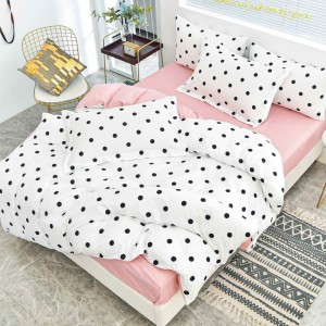 Lenjerie pat dublu, bumbac satinat,  cu elastic, Alb, Roz, buline