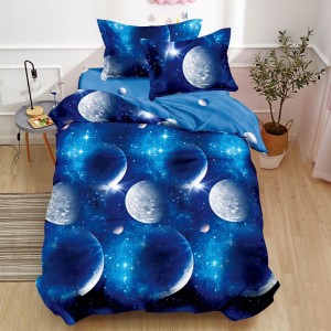 Lenjerie pat 1 PERSOANA, FINET, 4 piese, Albastru, planete, spatiul cosmic