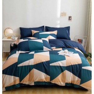 Lenjerie pat dublu, bumbac satinat, cu doua feţe, 4 piese,  Bej, Turquoise, forme geometrice