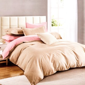 Lenjerie pat dublu, bumbac satinat, cu doua feţe, 4 piese,  Bej, Roz, Uni bicolor