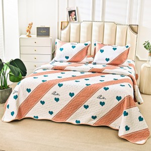 Cuvertură Matlasată din Bumbac Satinat, cu Bordură în Valuri (220x230 cm) + 2 Fețe de Pernă (60x80 cm), Crem, Somon, Inimioare Albastre