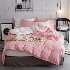 Lenjerie pat dublu, bumbac satinat, cu doua feţe, 4 piese,  Roz, Alb, dungi