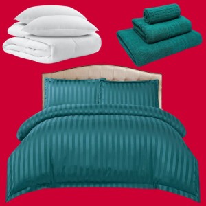 Pachetul Hotel EXPERIENCE: Lenjerie Pat Dublu, 4 piese din Damasc Finetat + Pilota 200x230cm + 2 Perne 50x70cm + 3 Prosoape din Bumbac, AT-103