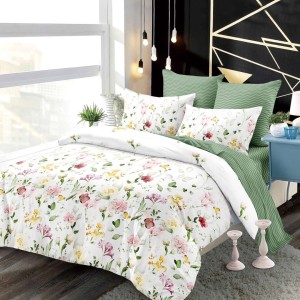 Lenjerie pat dublu,  FINET, cu elastic, 6 piese, Alb, Verde, Flori