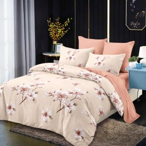 Lenjerie pat dublu,  FINET, cu elastic, 6 piese, Bej, Flori