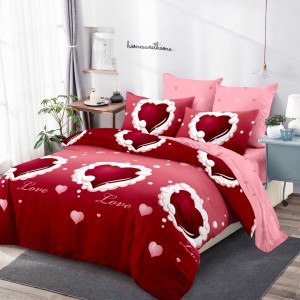 Lenjerie pat dublu,  FINET, cu elastic, 6 piese, Roșu, Roz, Inimioare