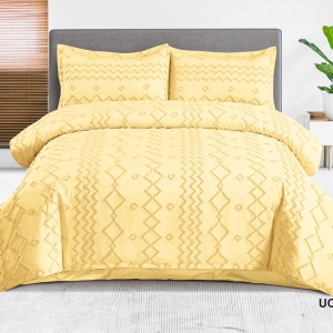 Lenjerie de Pat Premium, Bumbac Finet, Smocuri Brodate, 4 Piese, Nesifonabilă și Durabilă, Zig-Zag, Galben Pai