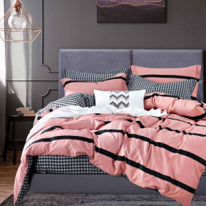 Lenjerie pat dublu, bumbac satinat,  cu elastic, Roz, dungi