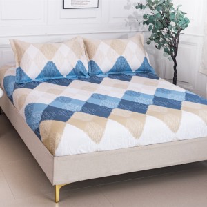 Cearșaf cu Elastic 180x200 cm + 2 Fețe de Pernă 50x70 cm, Bej, Albastru, Romburi