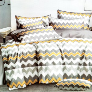 Lenjerie pat dublu, bumbac satinat, cu doua feţe, 4 piese, Gri, Galben, Alb, Zig-Zag