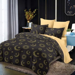 Lenjerie pat dublu,  FINET, cu elastic, 6 piese, Negru, Galben, Luna, Stele, Soare