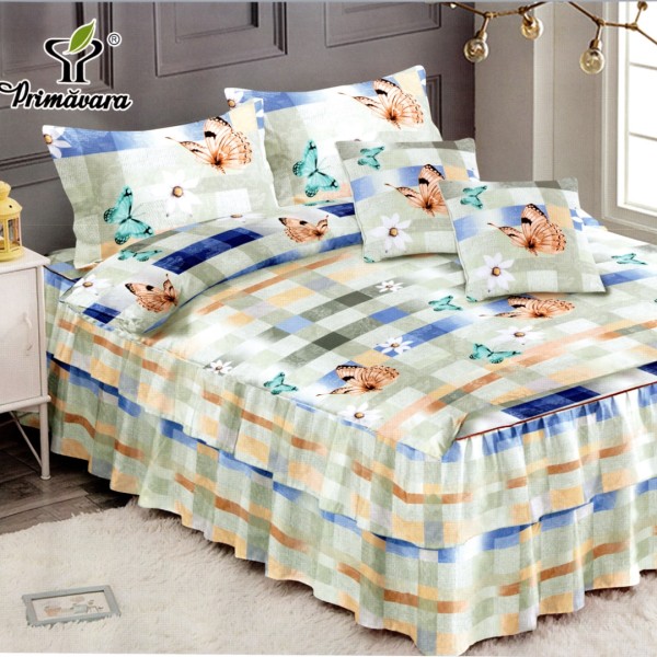 Lenjerie Premium Pat Dublu  FINET, 6 Piese – Volănașe Sofisticate, Fixare Perfectă cu Elastic, Grej, Albastru, Dungi, Fluturi [1]