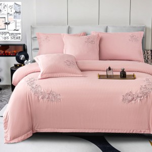 Lenjerie Pat Dublu, Bumbac Neted Fin, Broderie Rafinata, CEARSAF CU ELASTIC, 6 piese, Roz