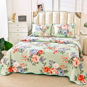 Cuvertură Matlasată din Bumbac Satinat, cu Bordură în Valuri (220x230 cm) + 2 Fețe de Pernă (60x80 cm), Vernil, Flori