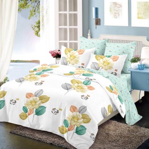 Lenjerie pat dublu,  FINET, cu elastic, 6 piese, Alb, Bleu, Flori