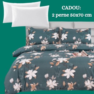 Lenjerie de Pat 4 Piese din Bumbac Satinat cu Cearșaf cu Elastic + 2 Perne Cadou 50x70 cm, cod INS-LSG108