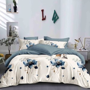 Lenjerie Pat Dublu,  FINET, 6 piese, Crem, Albastru, flori