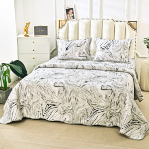 Cuvertură Matlasată din Bumbac Satinat, cu Bordură în Valuri (220x230 cm) + 2 Fețe de Pernă (60x80 cm), Alb, Negru, Marble