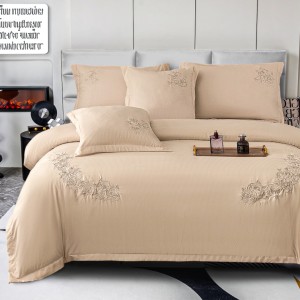 Lenjerie Pat Dublu, Bumbac Neted Fin, Broderie Rafinata, CEARSAF CU ELASTIC, 6 piese, Bej