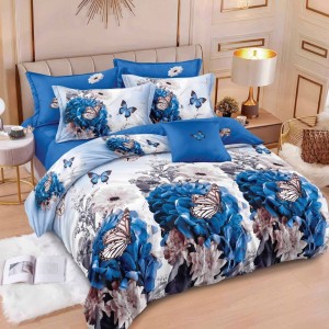 Lenjerie pat dublu,  FINET, 6 piese, cu ELASTIC, Albastru, Alb, fluturi, flori