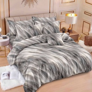 Lenjerie pat dublu,  FINET, 6 piese, cu ELASTIC, Gri, Bej, abastract