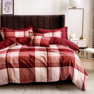 Lenjerie pat dublu, bumbac satinat, cu doua feţe, 4 piese,  Grena, Alb, Carouri