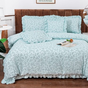 Lenjerie pat dublu,  Finet cu Volanase, CEARSAF CU ELASTIC, 6 piese, Bleu, Flori