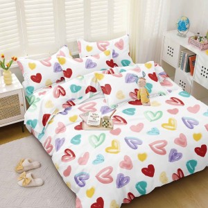 Lenjerie pat dublu cu doua feţe, bumbac satinat, 4 piese,  Alb, inimioare