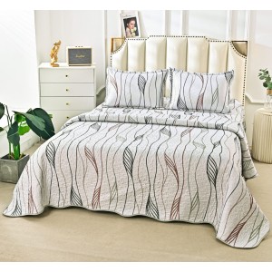 Cuvertură Matlasată din Bumbac Satinat, cu Bordură în Valuri (220x230 cm) + 2 Fețe de Pernă (60x80 cm), Gri, Model Clasic