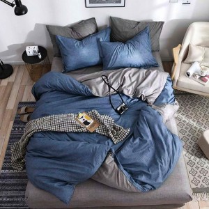 Lenjerie pat dublu, bumbac satinat,  cu elastic, Gri, Albastru