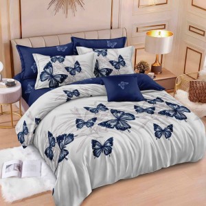Lenjerie pat dublu,  FINET, 6 piese, cu ELASTIC, Albastru, Gri, fluturi