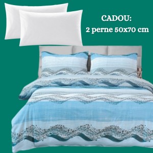 Lenjerie de Pat 4 Piese din Bumbac Satinat cu Cearșaf cu Elastic + 2 Perne Cadou 50x70 cm, cod INS-LSG150