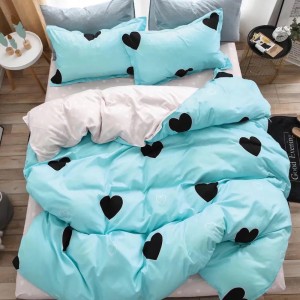 Lenjerie pat dublu, bumbac satinat, cu doua feţe, 4 piese,  Bleu, Crem, inimioare