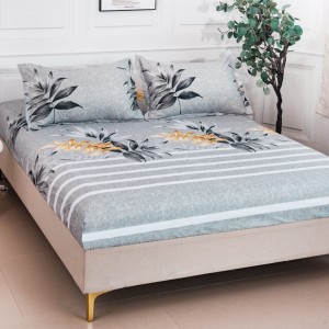 Cearșaf cu Elastic 180x200 cm + 2 Fețe de Pernă 50x70 cm, Gri, Dungi Albe si Frunze