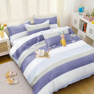 Lenjerie pat dublu cu doua feţe, bumbac satinat, 4 piese,  Bleu, dungi