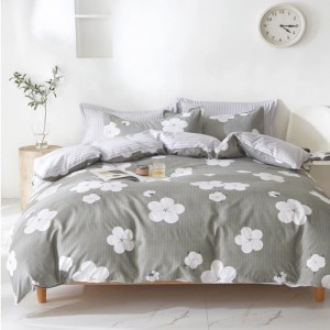 Lenjerie pat dublu, bumbac satinat,  cu elastic, Gri, flori