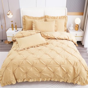 Lenjerie de Pat Premium, Bumbac Finet, Pliuri Brodate cu Volanase, 4 Piese, Nesifonabilă și Durabilă, Bej