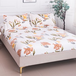 Cearșaf cu Elastic 180x200 cm + 2 Fețe de Pernă 50x70 cm, Ivoire, Flori de Toamna