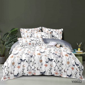 Lenjerie pat 140x200cm,  FINET, cu elastic, 4 piese, Alb, Gri, Flori si Fluturi