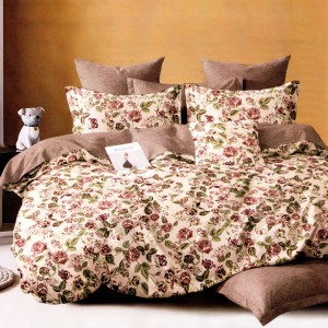 Lenjerie pat dublu, bumbac satinat, cu doua feţe, 4 piese,  Crem, Roz, Flori