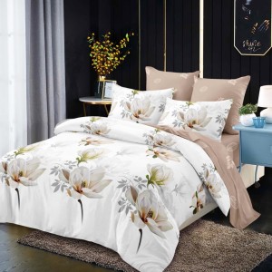 Lenjerie pat dublu,  FINET, cu elastic, 6 piese, Crem, Bej, Flori